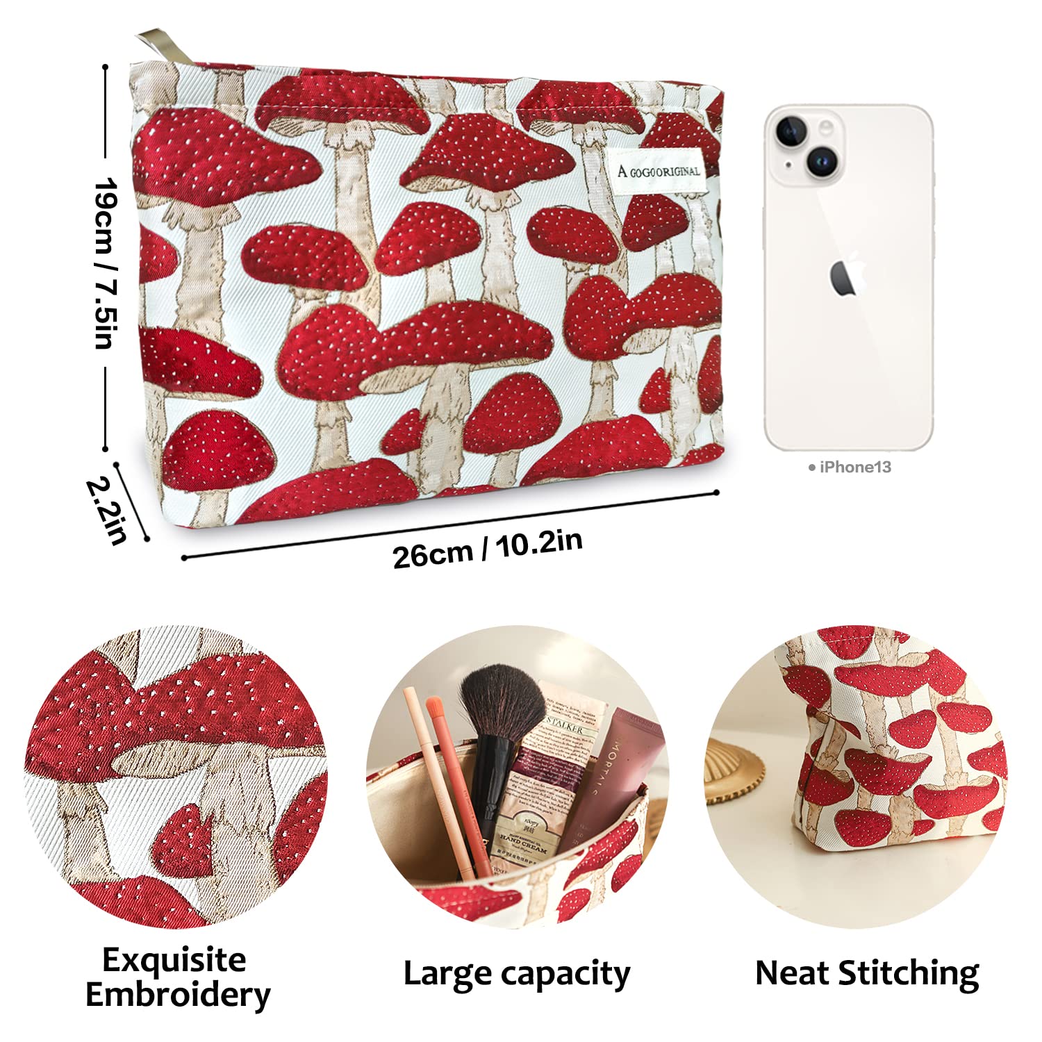 STARDW Cute Makeup Bag Aesthetic Cosmetic Bags for Women Girls, Travel Toiletry Bag Large Capacity Zipper Makeup Pouch, Purse Organizer Pouches,Canvas Lining (Red Mushroom)