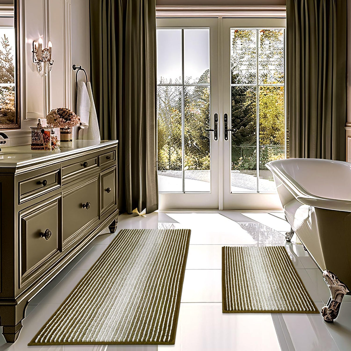BSICPRO Bathroom Rugs Sets 2 Piece, Non Slip Striped Bath Mats, Navy
