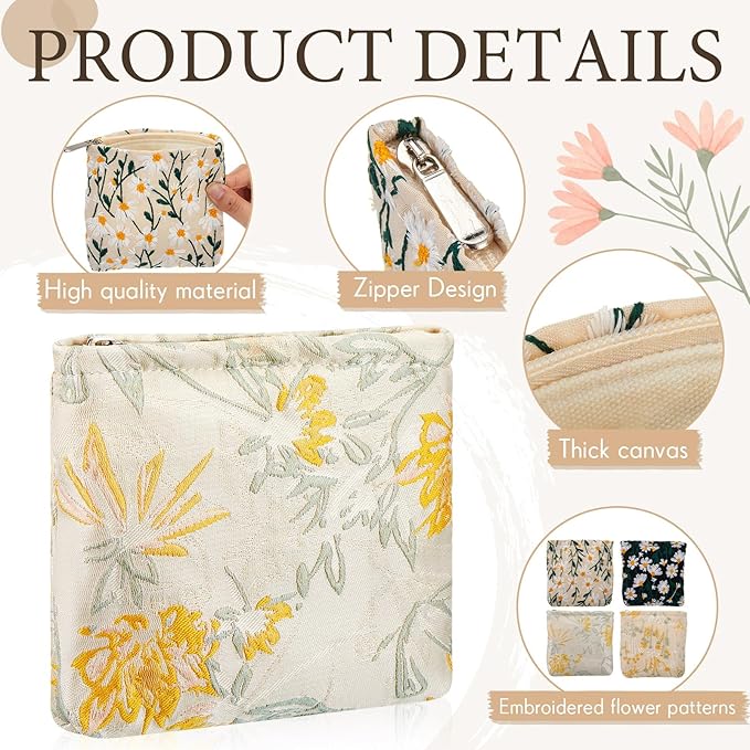 Abbylike 4 Pcs Small Makeup Bag Corduroy Cosmetic Pouch with Zipper Portable Little Bags for Purse Mini Pouch Cute Makeup Purse for Coin Essentials Items Women (Embroidery)
