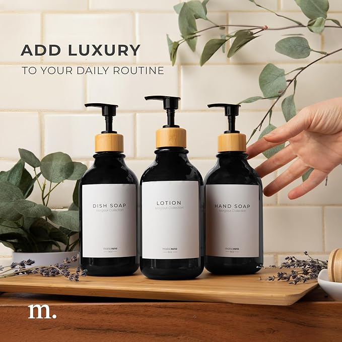 Shampoo and Conditioner Bottles Set of 3 Black Bamboo – Shower Shampoo Dispenser – Hotel Style Bathroom Upgrade by MaisoNovo