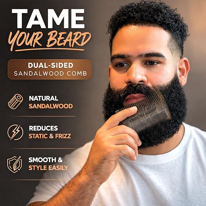 Sandalwood Beard Comb with Protective Case - Anti-Static Dual Action Fine & Coarse Teeth - Pocket Size Beard Grooming Tool for Men