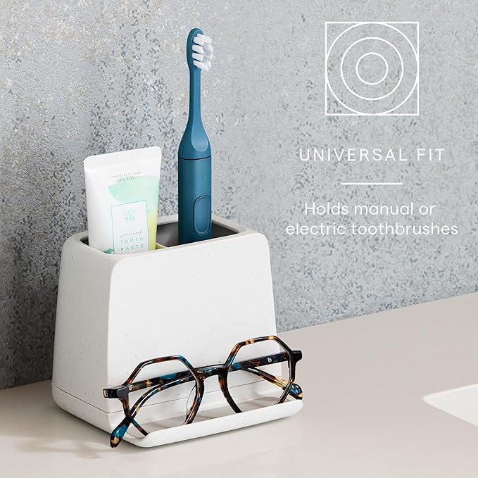 YouCopia The Ledge Toothbrush Holder, 2-Slot, Bathroom Vanity Counter Organizer with Cord Slots, Removable Base and Storage for Phones, Toothpaste and Accessories