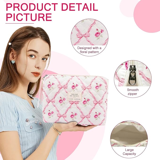 Gosect 2PC Makeup Bag Set, Cute Cosmetic Bag for Women Girls, Floral Coquette Aesthetic Toiletry Bag, Travel Make Up Organizer Bag (Pink bow)