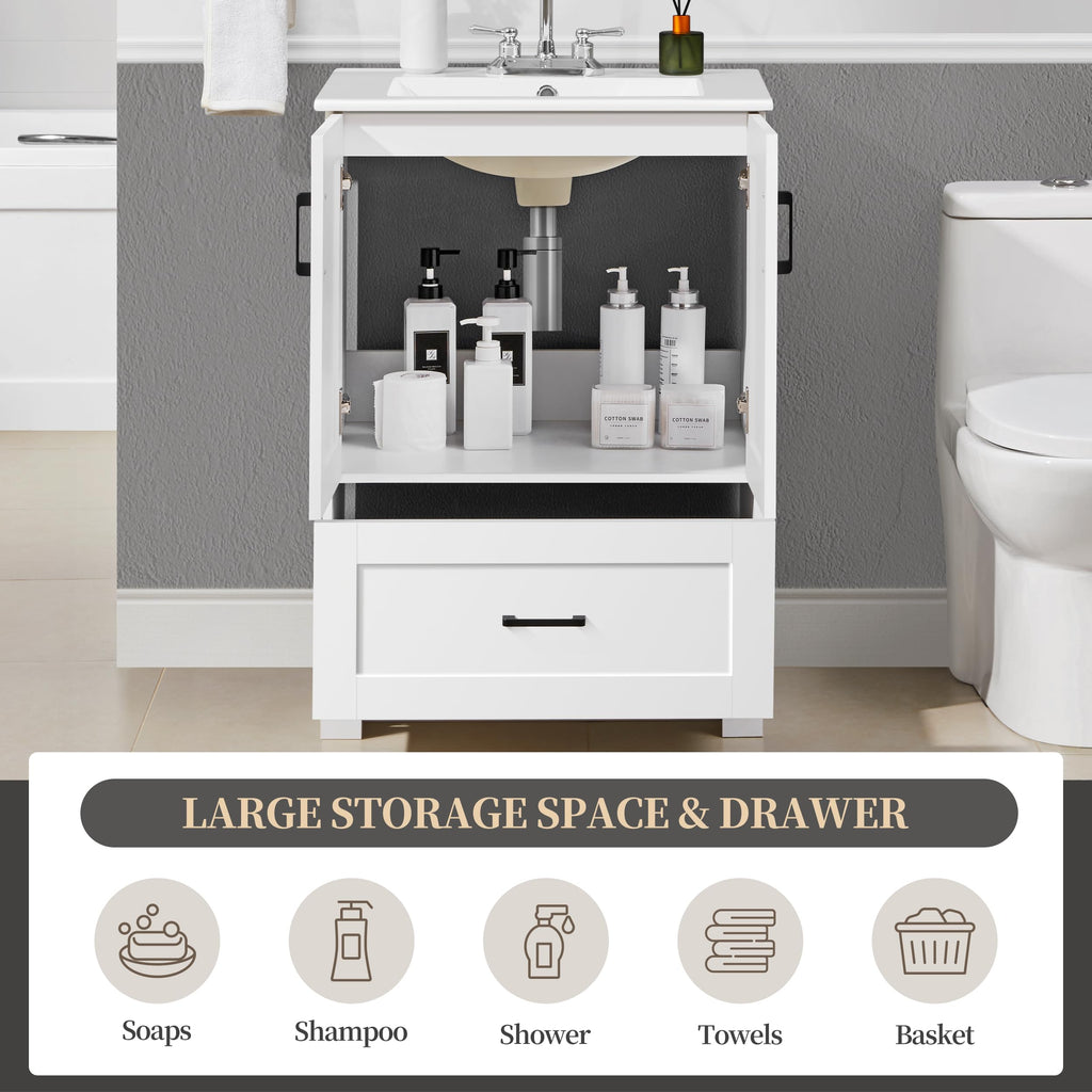 Yaheetech 24" Bathroom Vanity with Sink, 2 Doors & 1 Drawer Cabinet, White