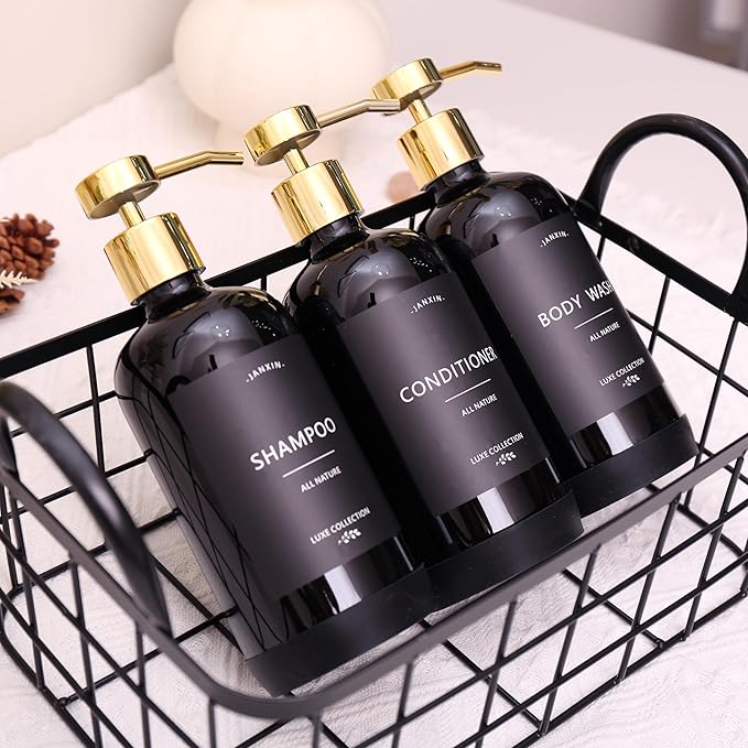 Janxin Shampoo and Conditioner Dispenser Set of 3,Refillable 21oz Shampoo Bottles with Non-Slip Protective Silicone Pad,Shower Soap Dispenser with Waterproof Labels for Bathroom (Black)
