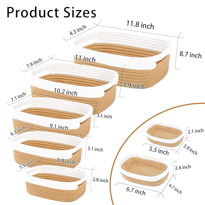 HLWDFLZ 7 Piece Cotton Rope Woven Basket Set - Small Basket for Baby Nursery, Pets, Montessori, Dog & Cat Toy Boxes, Bathroom Organization Bins (White/Jute)