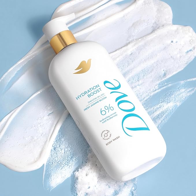 Dove Body Wash Hydration Boost Actively drenches dry skin 6% hydration serum with hyaluronic 30 fl oz