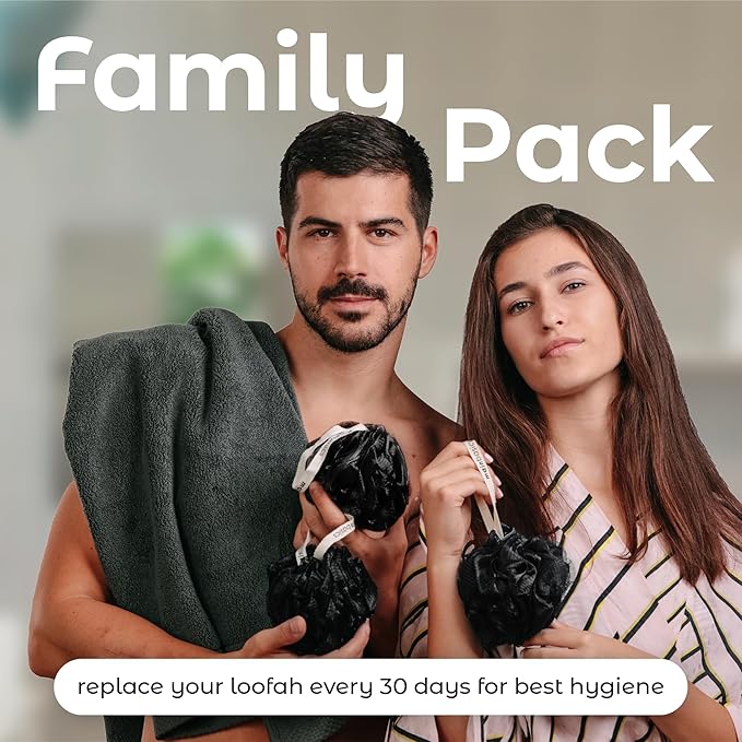 MainBasics Shower Loofah Sponge Pouf, Set of 3, Triple Black