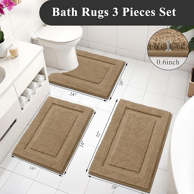 SHACOS Khaki Brown Bathroom Rugs Sets 3 Piece Bath Mat U Shaped Toilet Rug
