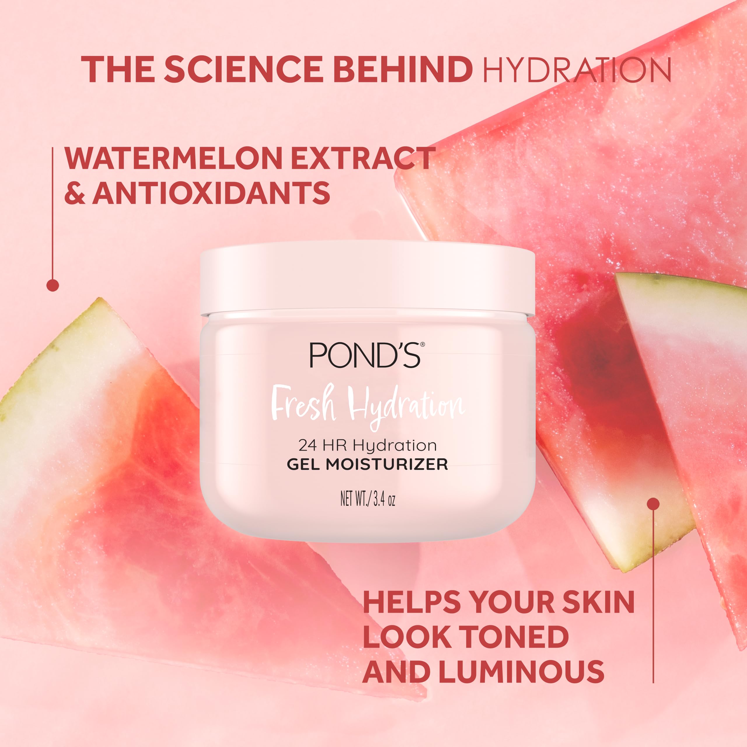 POND’S Fresh Hydration Gel Moisturizer – 24 HR Hydration with Watermelon Extract & Antioxidants – Alcohol & Oil-Free Face Moisturizer – Dermatologist Tested, 3.4 oz