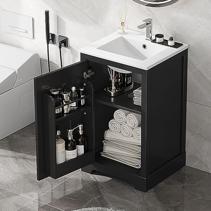 Bellemave 20" Bathroom Vanity with Sink, Small Bathroom Cabinet with Soft Closing Door, Free Standing Single Basin Bathroom Vanity with 2-Tier Storage Rack and Adjustable Shelve(Black)