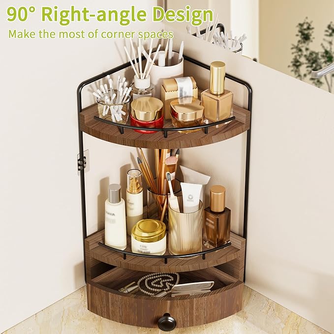 Aollewoiti 2-Tier Corner Bathroom Counter Organizer with Drawer, Dark Brown