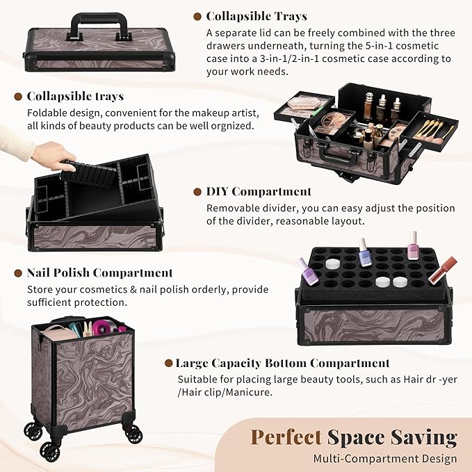 JINGUAN Professional Rolling Makeup Train Case with Lid, 5 in 1 Cosmetology Case on Wheels, Large Cosmetic Trolley Organizer Travel for Hairstylist Artist Nail Beauty Salon Barber, Brown Ink