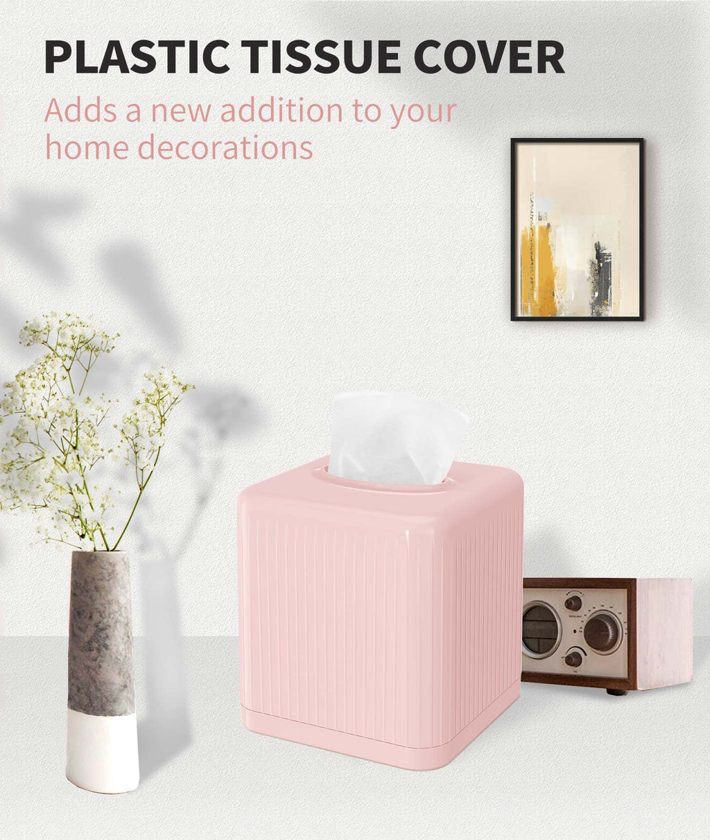 Livelab Tissue Box Cover with Base - Square Plastic Holder, Decorative Case, Modern Facial Paper Dispenser for Bathroom, Vanity Countertops, Night Stands, Desk - Pink