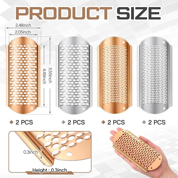 Moxweyeni 8 Pack Rose Gold,Silver Foot File Callus Remover Replacement Blades Metal Pedicure Rasp Hard Skin Remove Scrubber Stainless Steel 2 Designs Big/fine Hole for Detachable Foot Grater