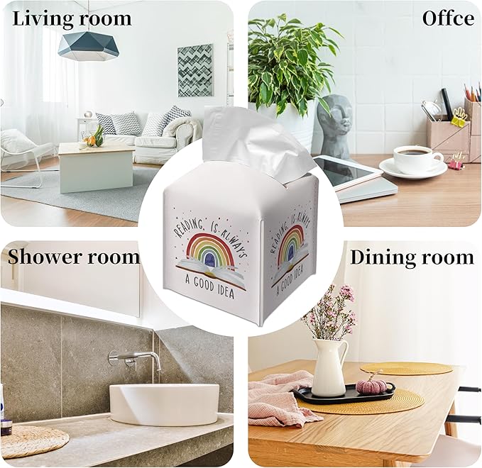 Grace Yonks Cute Tissue Box Cover Square - Rainbow & Book “Reading is Always a Good Idea” Design 5.2" PU Leather Holder for Vanity, Desk, Bathroom Counter - Cube Case for Facial Tissues(016)