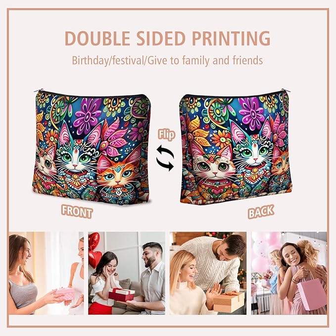 Girlly Bohemian Cat Mom Makeup Bag For Women & Teen Girl Cat Lover Gifts. Cute Boho Cats Themed Cosmetic & Toiletry Organizer Pouch For Daughters, Sisters, Friends.Ideal Gift For Travel, Christmas.