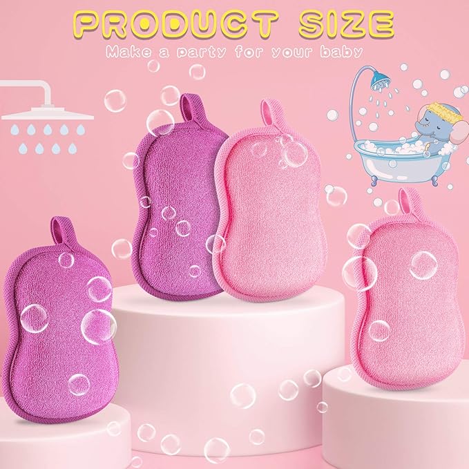 Tatuo 4 Pieces Baby Bath Sponge Toddler Bath Sponge Soft Comfy Cotton Absorbent Loofah for Kids Babies Boy Girl(Red, Purple)