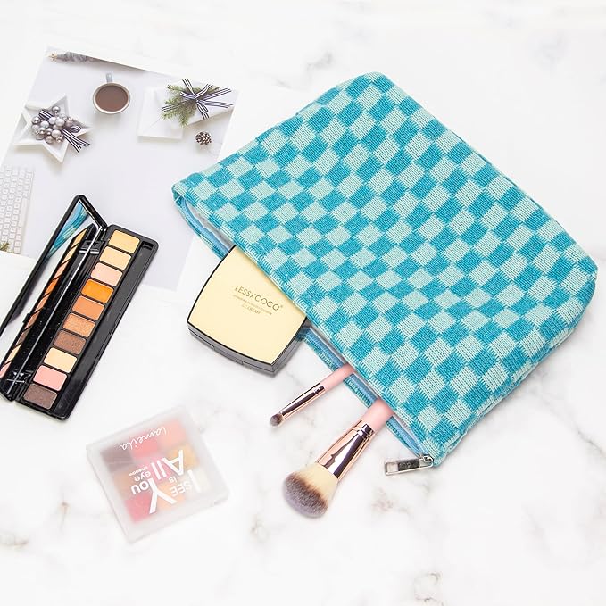 PAZIMIIK Knitted Checkered Makeup Bag Large Zipper Make Up Accessory Pouch for Purse Cosmetic Brush Bag for Travel Essential Lake Blue