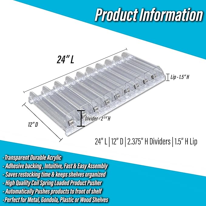 STORE FIXTURES DIRECT Auto Feed Shelf Product Pusher Kit, Adjustable Width Spring Loaded Merchandise Glider Pushing System, Kit for [20] 12" D x 24" L Shelves - [180 Shelf Pushers + 200 Dividers]