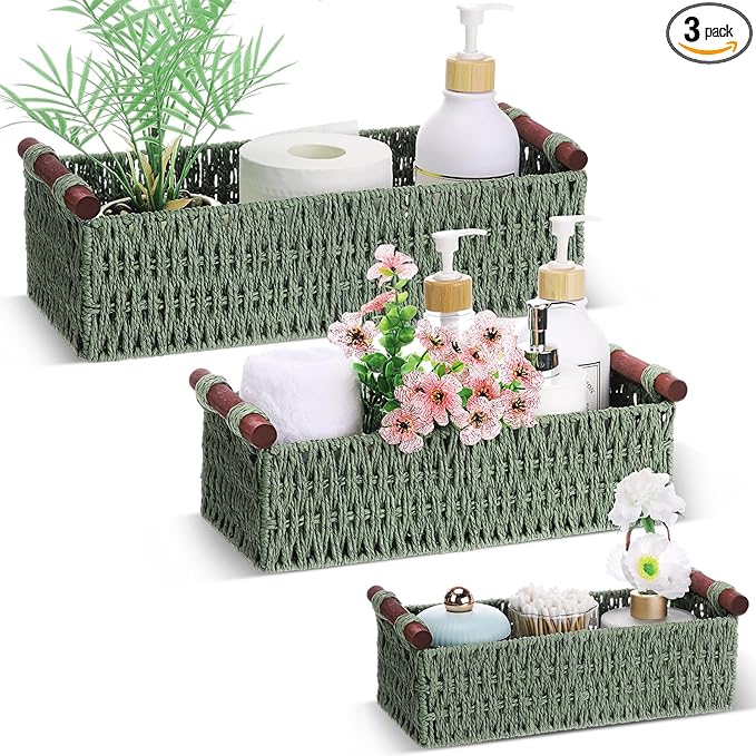 Boao 3 Pcs Boho Storage Wicker Baskets Handmade Woven Decorative Paper Rope Baskets for Organizing with Handle Countertop Toilet Paper Storage Container for Toilet Tank Top