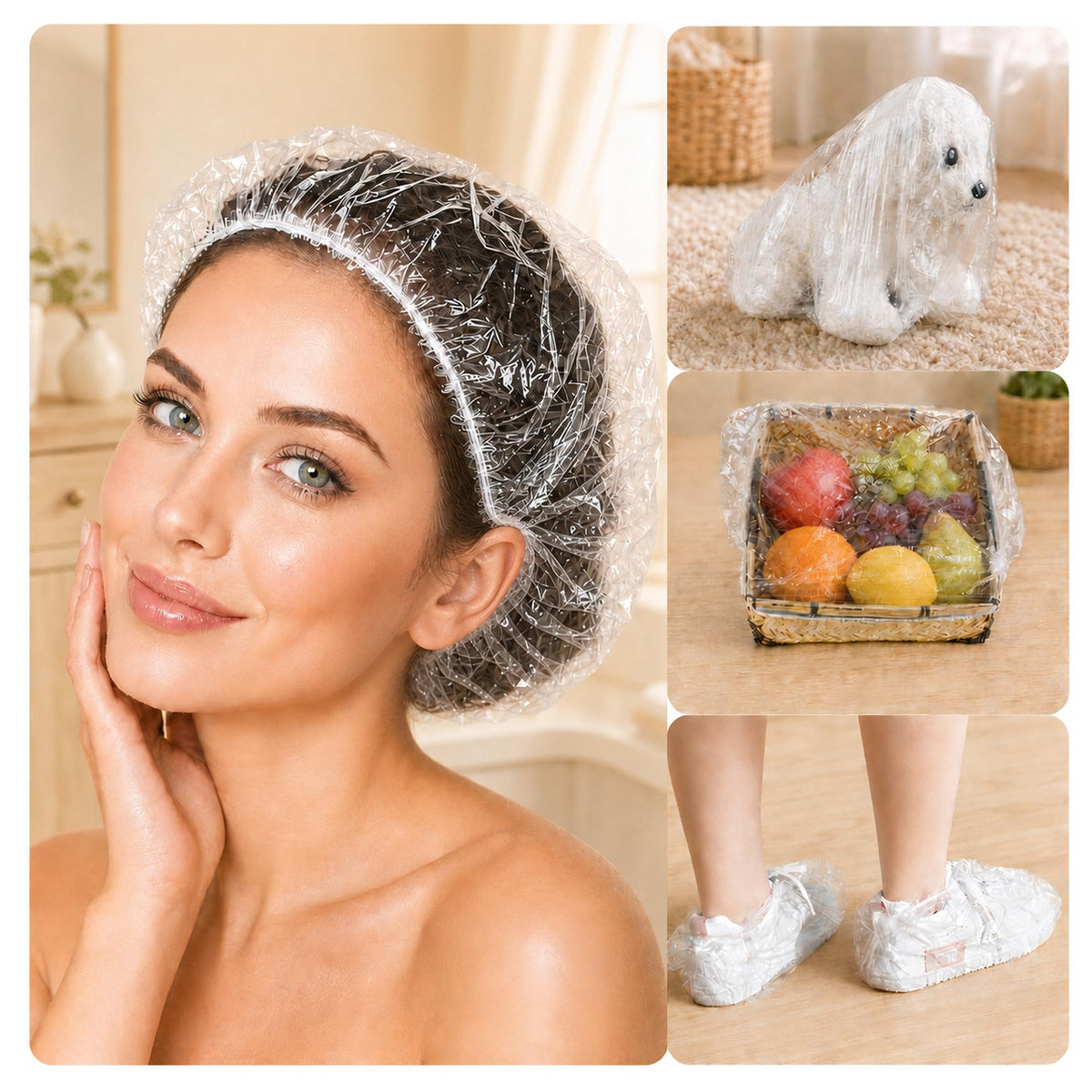 100PCS Larger Shower Caps Disposable, Thicker Waterproof Plastic Elastic Hair Bath Caps, Plastic Hair Caps for Women, Spa, Home Use, Hotel and Hair Salon, Portable Travel