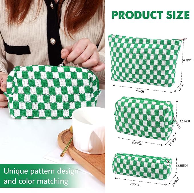 Gocvo 3 Pcs Makeup Bag Cosmetic Bag Set for Girls Women Checkered Travel Organizer Bathroom Toiletry Pouch Large Capacity Storage Bag(Green-White)
