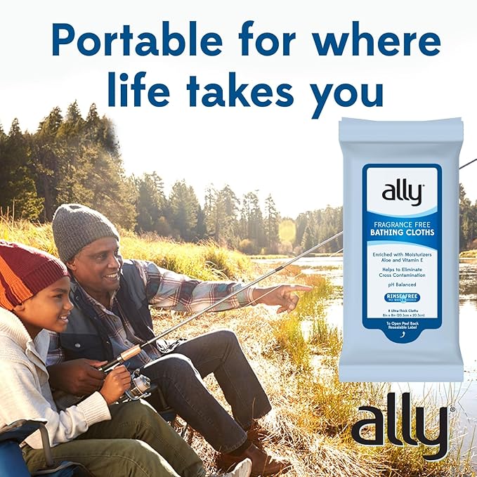Ally Ultra-Thick Body Wipes with Aloe - No Rinse, Fragrance Free Bathing Wipes for Women, Men & Elderly - 96 Count (12 Pk of 8 Wet Wipes)