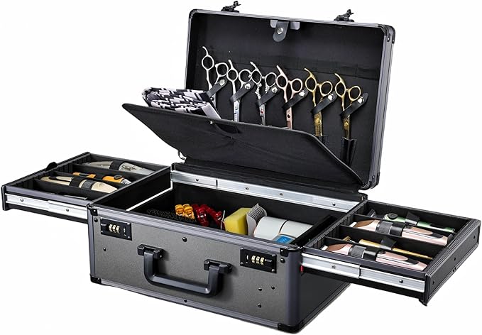 Yueieoun Barber Case with Clippers Sliding Tray, Profesional Barbers Briefcase Tool Case, Travel Barber Cases for Clippers and Supplies, Hair Scissors Trimmer Organizer, Salon Grooming Hard Suitcase