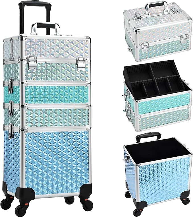 Adazzo Professional Rolling Makeup Train Case 4 in 1 Aluminum Trolley Case with 360° Rotation Wheels for Makuep Artist Cosmetic Suitcase Organizer with Lock and Key Diamond Pattern - Turquoise