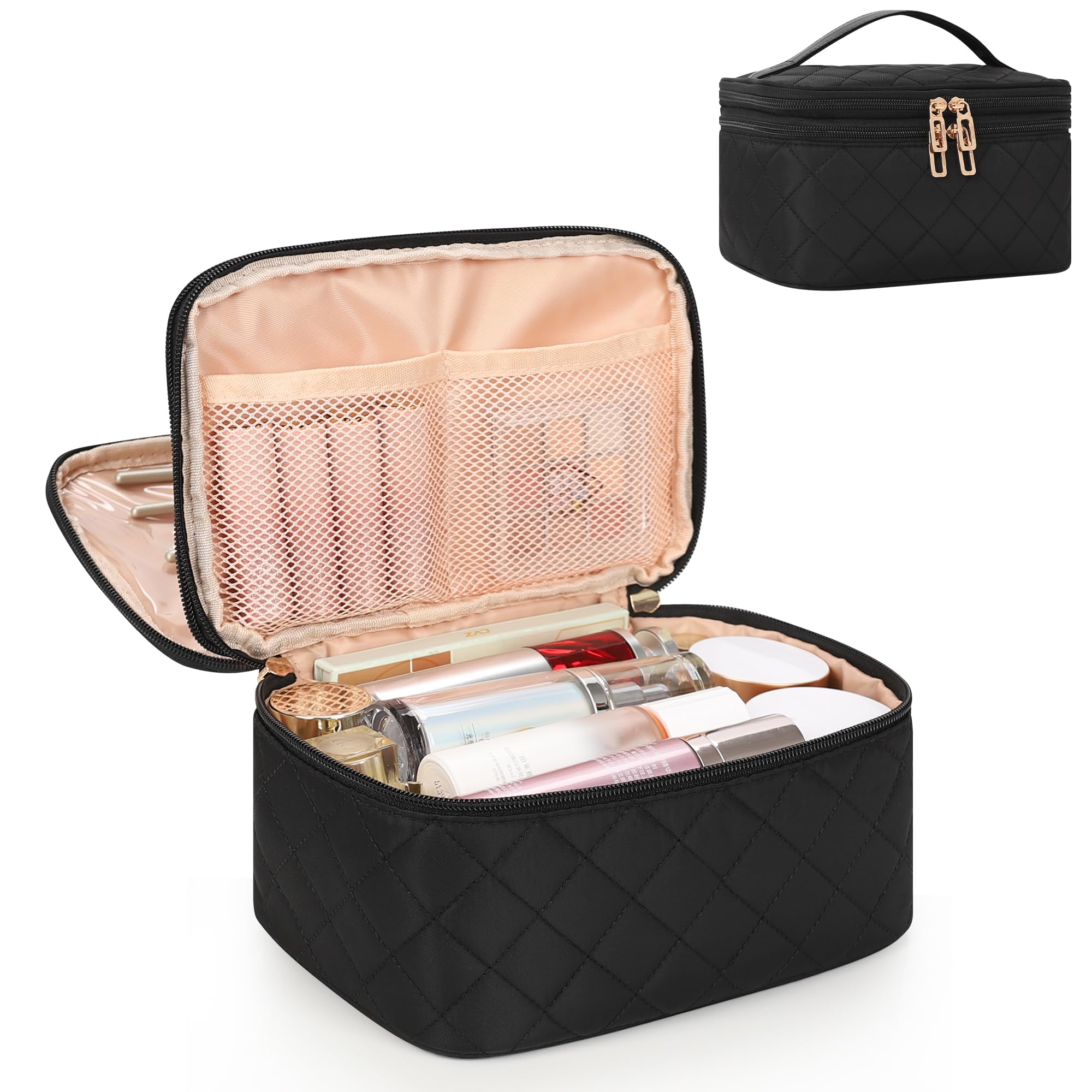 Relavel Travel Makeup Bag, Large Cosmetic Bag with Separate Makeup Brush Compartment, Cute Make Up Pouch for Women, Double Layer Toiletry Organizer Bag for Travel - Black