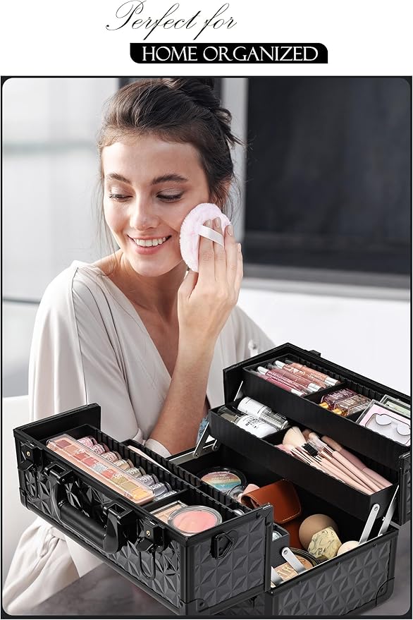 Joligrace Makeup Train Case Professional Cosmetic Organizer Aluminum Storage Box with 4 Adjustable Dividers Trays Lockable Portable with Shoulder Strap - Black
