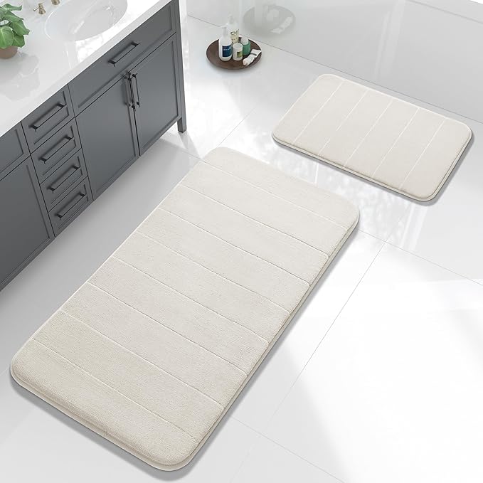 Yimobra Large Bath Mat Set 2 Piece- Super Soft Absorbent Quick Dry Memory Foam Bathroom Rugs, Machine Washable Non Slip Floor Carpet for Tub Shower & Double Vanity (17x24 & 44x24, Cream White)