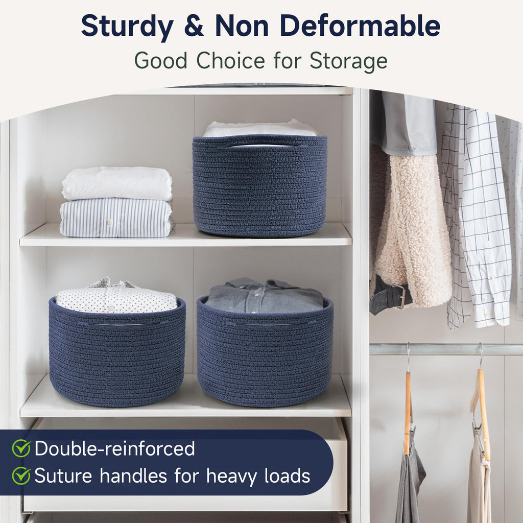 Maxuni 3 Pack Small Rope Storage Baskets, 9.82×9.82×7.1", Navy Blue