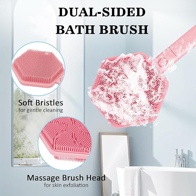 Silicone Back Scrubber for Shower with 21" Extendable Handle-Dual-Sided Long Handle Bath Brush for Exfoliating & Massage–Non-Slip Grip, Gentle&Deep Cleansing Body Brush for Men, Women, Seniors (Pink)