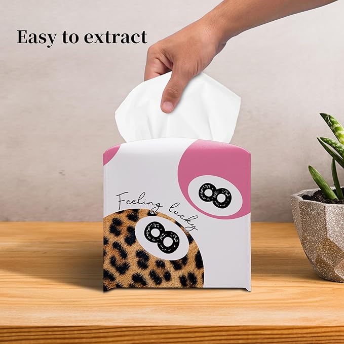 Grace Yonks Cute Tissue Box Cover Square - Leopard Print & Pink 8 Ball “Feeling Lucky” Design 5.2" PU Leather Holder for Vanity, Desk, or Bathroom Counter - Cube Case for Facial Tissues(014)