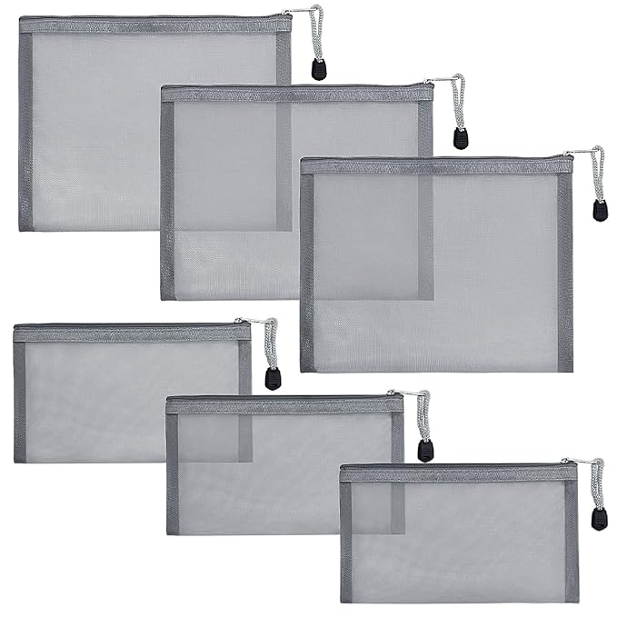 besharppin 6 Pack Mesh Cosmetic Bags, Nylon Makeup Pouches with Zipper for Home Office Purse Diaper Bag (Grey)