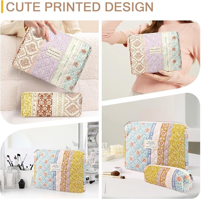 Gosect 2PC Makeup Bag Set, Cute Cosmetic Bag for Women Girls, Floral Coquette Aesthetic Toiletry Bag, Travel Make Up Organizer Bag (Color-Coded Floral)