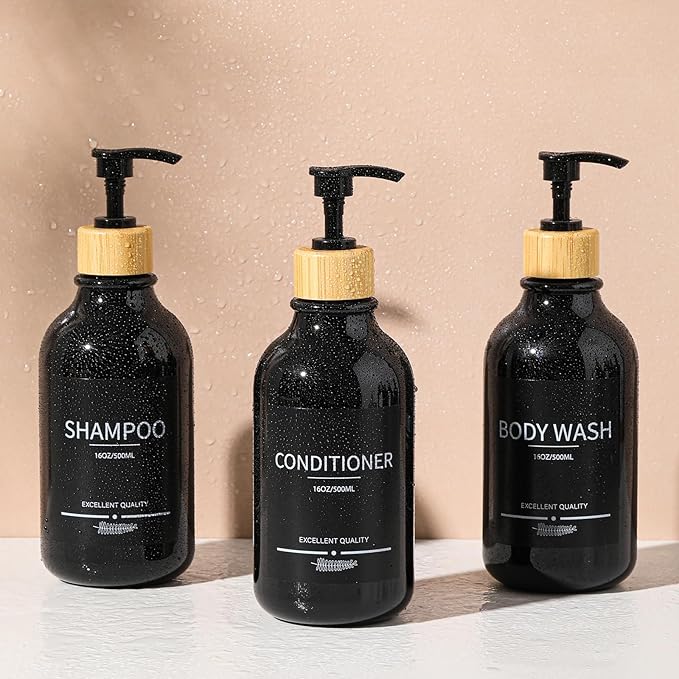 Mithrgrous Shampoo and Conditioner Dispenser Bottles,5Pack Dispenser Bottles Refillable,16.9oz Shower Containers for Conditioner,(Black) Bathroom Shampoo Dispenser Set