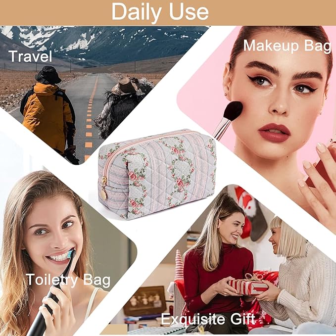 HHQQWZ Makeup Bag Travel Cosmetic Bag for Women Girls, Zipper Make Up Pouch, Floral Flowers Toiletry Organizer Makeup, Portable Storage Bag, Cosmetic Travel Cloth Bag (Blue)