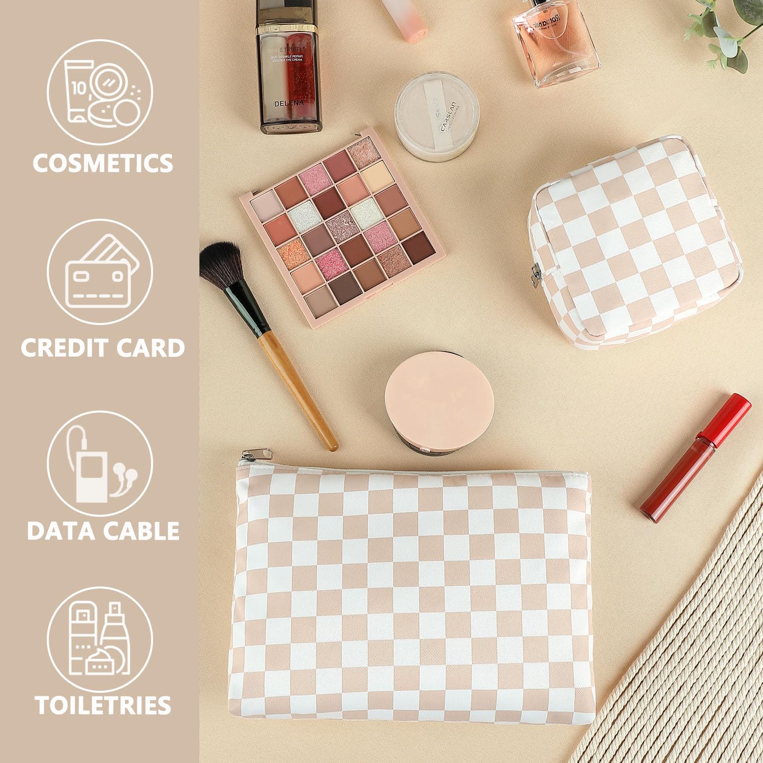 Fammart Checkered Makeup Bag, Travel Cosmetic Bag Organizer Toiletry Bag Make Up Bags with Zipper & Compartments for Women Girls, 2PCS
