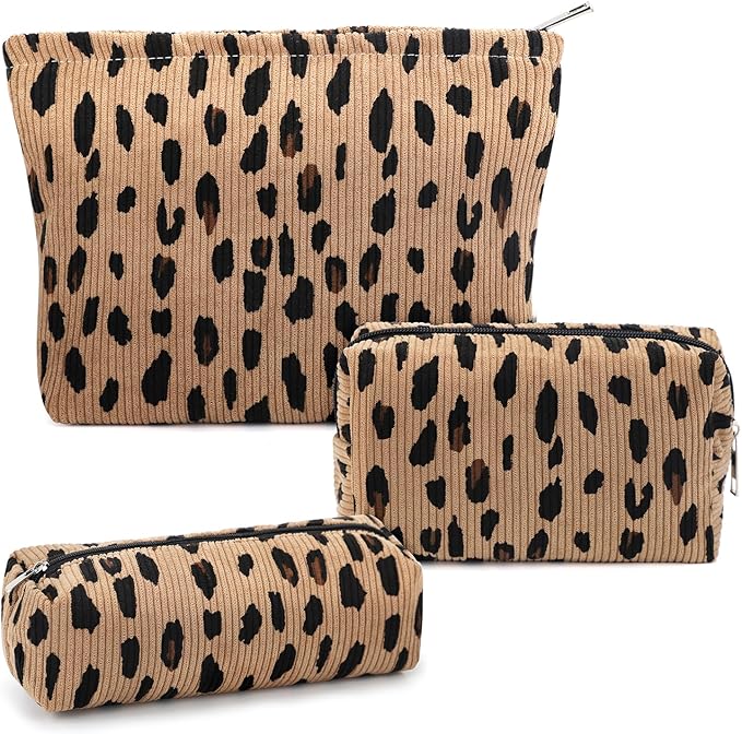 Gocvo 3 Pcs Makeup Bag Cosmetic Bag Set for Girls Women Travel Organizer Bathroom Toiletry Pouch Large Capacity Storage Bag (Leopard Brown)