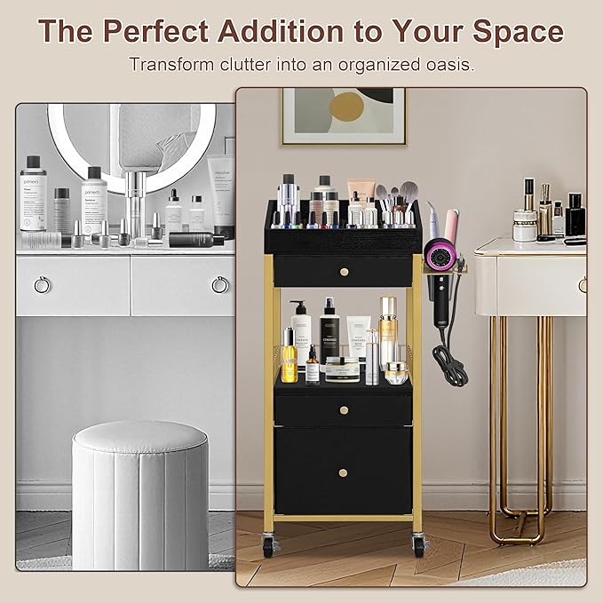 NauwaBarn Makeup Organizer Cart with 3 Drawers, Rolling Vanity Organizer with Detachable Hair Tool Holder & Wheels, Floor Makeup Storage Cart for Skincare, Perfume, Nail Polish, Gold & Black