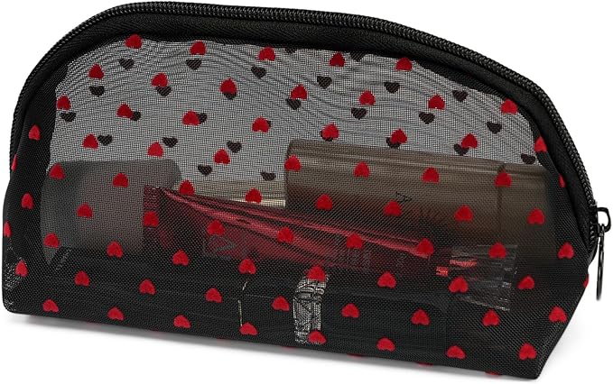 TOPASION Portable Mesh Makeup Bag with Zipper Small Travel Toiletry Bag Lightweight Cosmetic Pouch (Black&Red Heart Half Round)