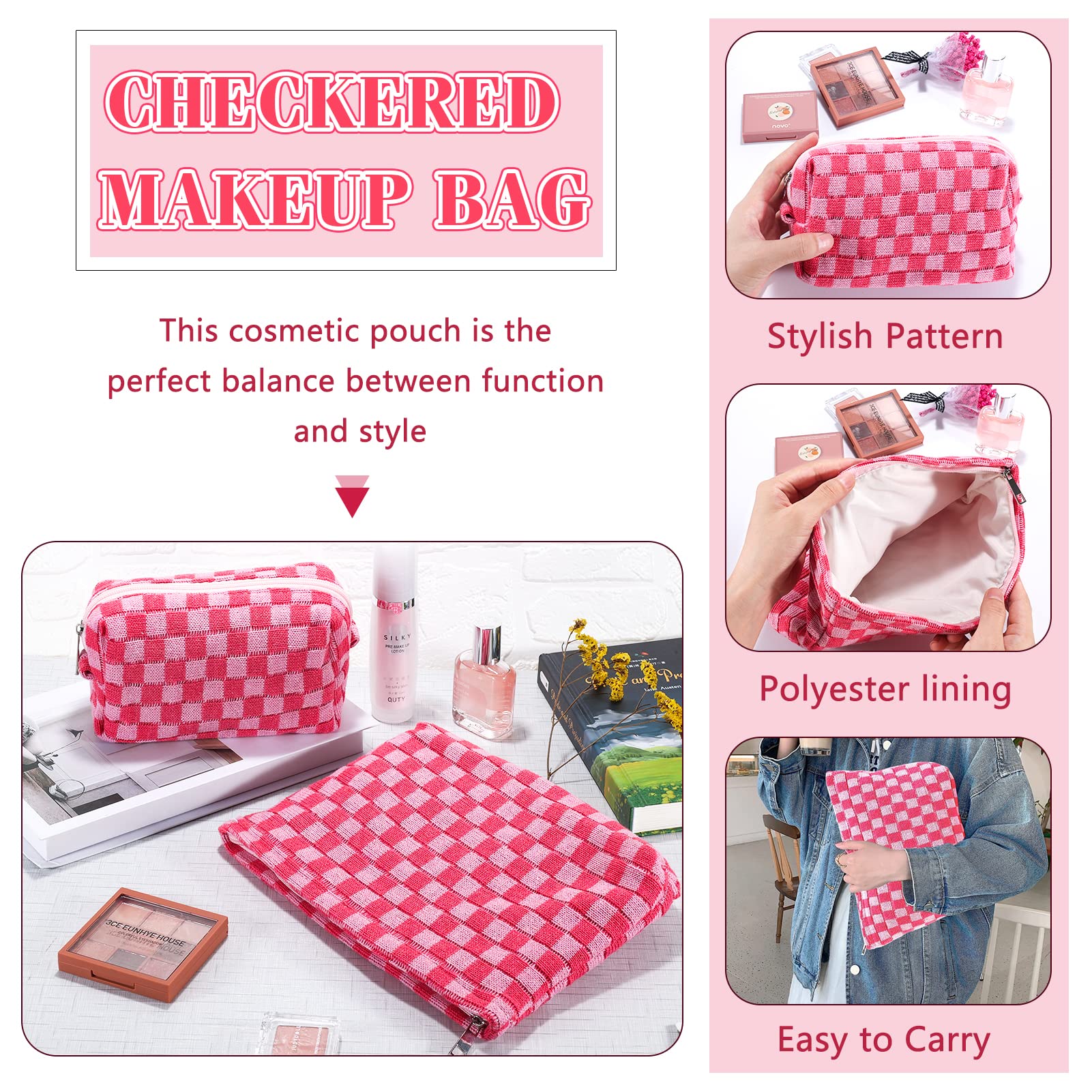 ZLFSRQ 2Pcs Makeup Bag Checkered Cosmetic Bag Set Travel Toiletry Bags for Purse Large Small Makeup Pouch for Women Cute Preppy Pencil Pouch Case Pink Zipper Skincare Bags