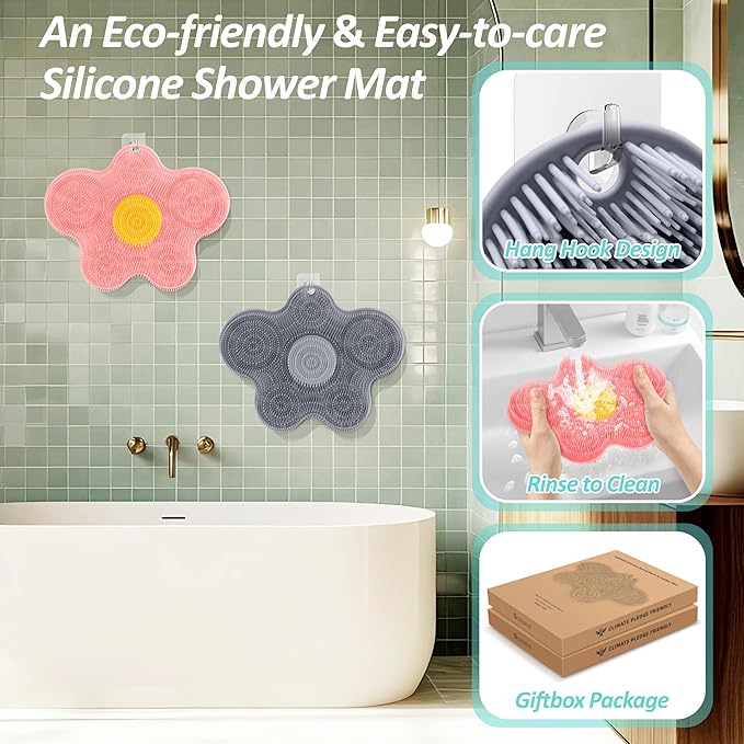 New Silicone Shower Foot Scrubber Mat, Large Wall-Mounted Back Scrubber Back Washer with Long Bristles & Powerful Suction Cups, Easy to Clean Exfoliate and Massage Without Bending(Gray)