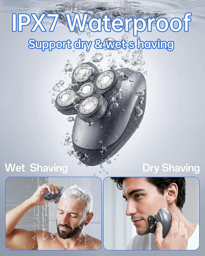 Electric Razor for Men, 5-in-1 Multi-Function Electric Shavers for Men, IPX7 Waterproof Bald Head Shaver with LED Display, Rechargeable Beard Trimmer Body Hair Trimmer, Ideal Gifts for Husband (Black)