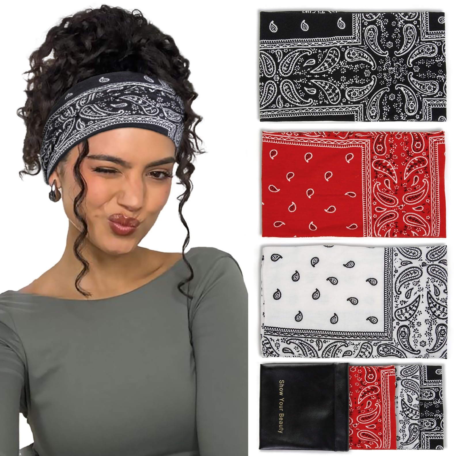 Huachi Bandana Headbands for Women Non Slip, Thick Womens Headbands Boho Elastic Hair Bands for Women's Hair, Stretchy Sweat Headband for Workout Running Working