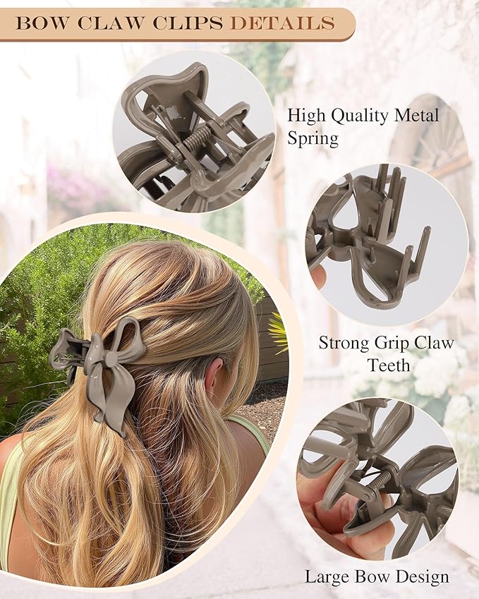 4 PCS Bow Hair Clips Bow Claw Clip for Women, Large Hair Claw Clips for Thin Thick Long Hair Cute Nonslip Bows(White+Black+Grey+Naked Pink)