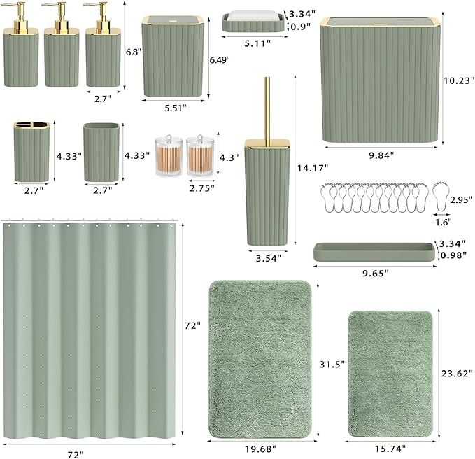 InnJoey Bathroom Set - Bathroom Sets with Shower Curtain and Rugs, Sage Green Bathroom Set, 27PC Bathroom Accessories Set, Mini Trash Can, Toilet Brush, Trash Can & Soap Dispenser